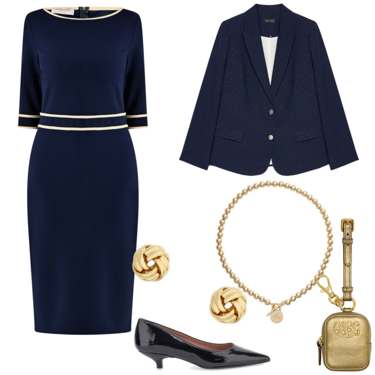 Outfit donna - Blu per le feste. Stile Chic per Serata fuori. Abbinamento con vestiti a tubino, collane, pochette, orecchini, décolleté, blazer.