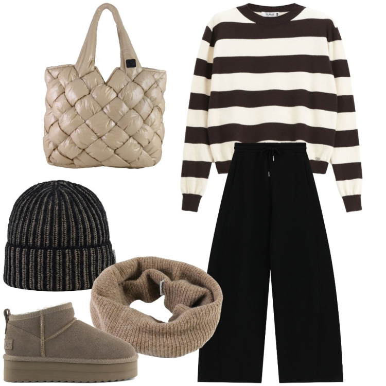 Outfit donna - Warm & chic. Stile Casual chic per Tutti i giorni. Abbinamento con pullovers, pantaloni a palazzo, berretti, borse tote, scaldacollo, stivaletti.
