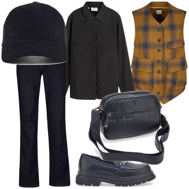 Outfit donna - A strati contro il freddo. Stile Mannish per Ufficio. Abbinamento con jeans dritti, camicie, gilet, mocassini, borse a tracolla, cappelli con visiera.