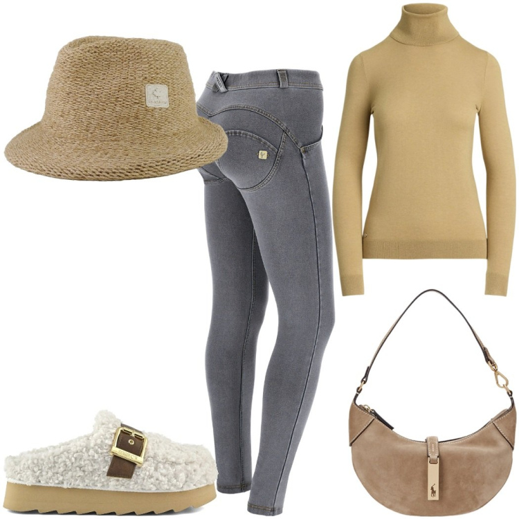 Outfit donna - Warm & Chic: il cappello. Stile Trendy per Tutti i giorni. Abbinamento con jeggings, borse a spalla, maglieria, cappelli, sabot.