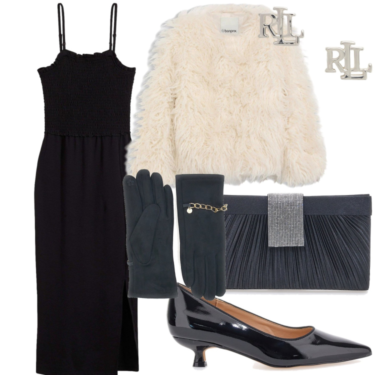 Outfit donna - Elegante pure sotto zero. Stile Bon Ton per Serata fuori. Abbinamento con ecopellicce, vestiti midi/longuette, orecchini, pochette, décolleté, guanti.