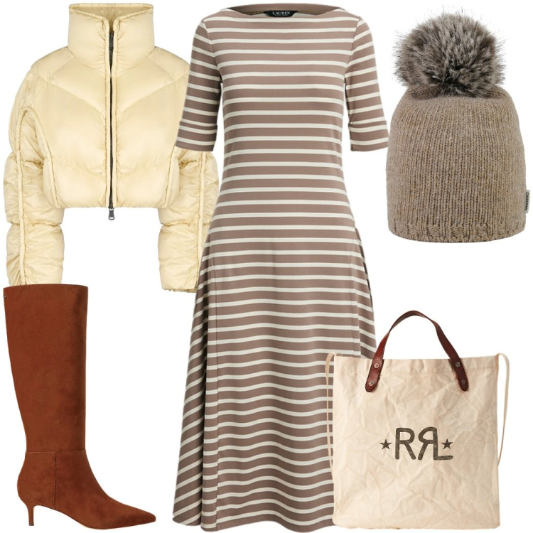 Outfit donna - Warm & Chic: pon pon. Stile Trendy per Tutti i giorni. Abbinamento con vestiti, borse tote, stivali, berretti, piumini.