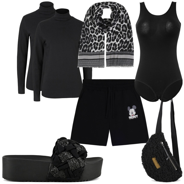 Outfit donna - A casa al calduccio. Stile Basic per Tutti i giorni. Abbinamento con body, maglieria, foulard, pantaloni corti, marsupi, ciabatte.