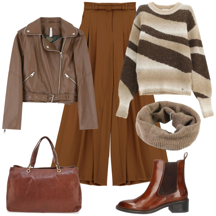 Outfit donna - Curvy edition. Stile Casual chic per Tutti i giorni. Abbinamento con pullovers, pantaloni a palazzo, giacche, scaldacollo, stivaletti chelsea, borse a tracolla.