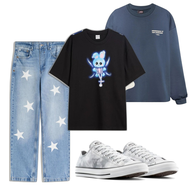 Outfit hombre - Casual look. Estilo Casual para Todos los días. Combinación con sneakers, camiseta, camiseta, vaqueros rectos.