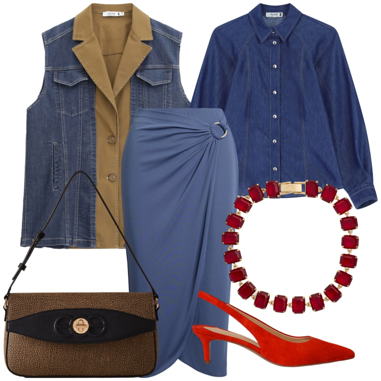 Outfit donna - Serata bicolore. Stile Glamour per Serata fuori. Abbinamento con gilet, camicie, borse a spalla, braccialetti, gonne, décolleté.