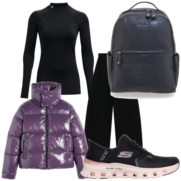 Outfit donna - Giornata basica e semplice. Stile Minimal per Tutti i giorni. Abbinamento con pantaloni a palazzo, piumini, sneakers, pullovers, zaini.