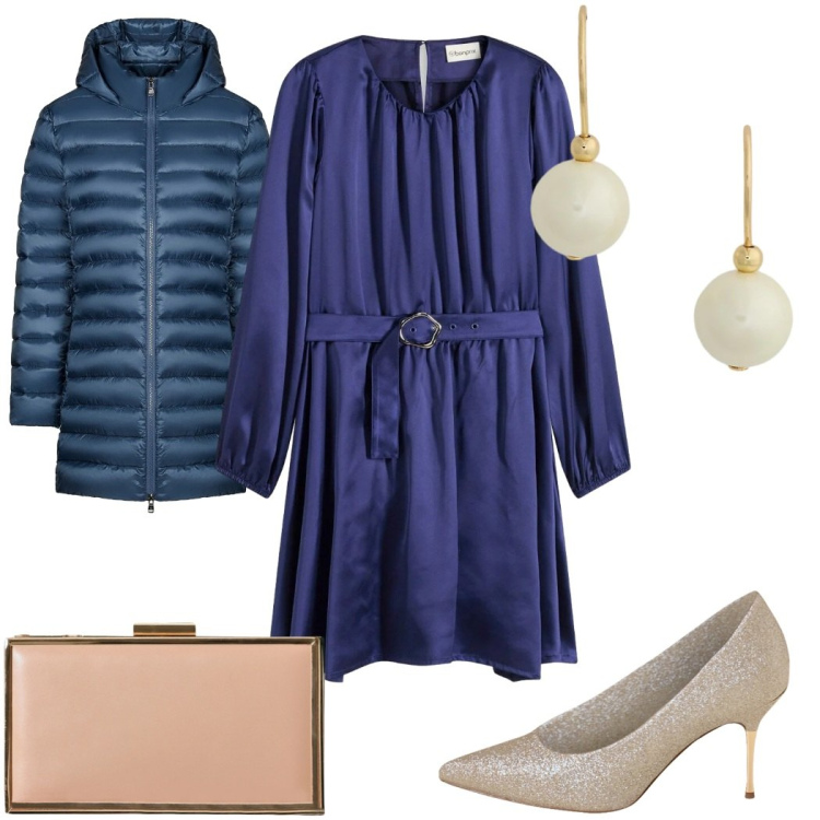 Outfit donna - Blu per le feste: Vigilia chic. Stile Chic per Serata fuori. Abbinamento con vestiti corti, pochette, décolleté, orecchini, piumini.