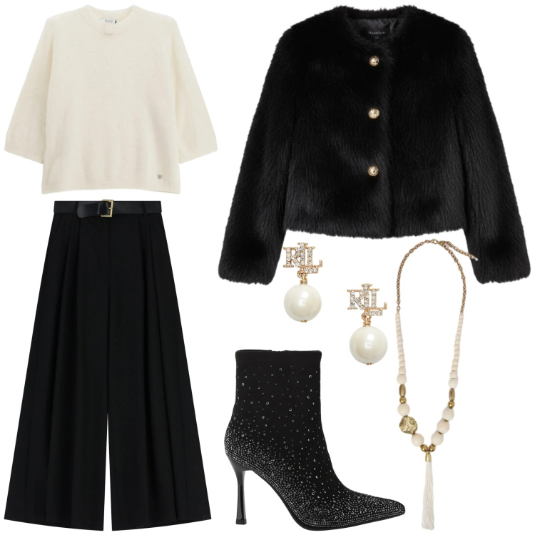 Outfit donna - Easy chic. Stile Casual chic per Tutti i giorni. Abbinamento con pullovers, ecopellicce, pantaloni a palazzo, stivaletti, orecchini, ciondoli.