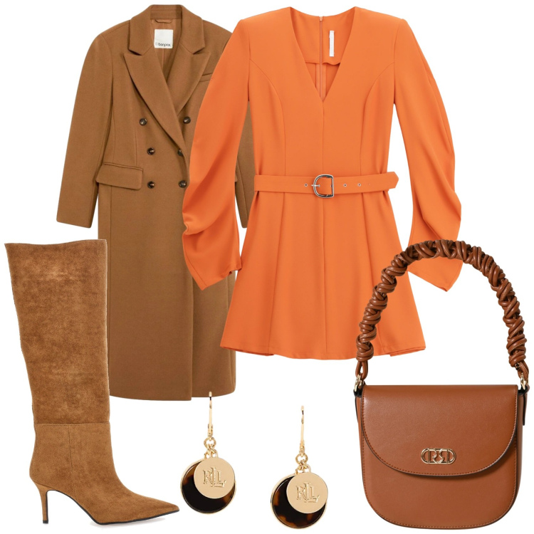Outfit donna - Abito corto per un giorno. Stile Trendy per Tutti i giorni. Abbinamento con cappotti, borse a mano, vestiti corti, orecchini, stivali.