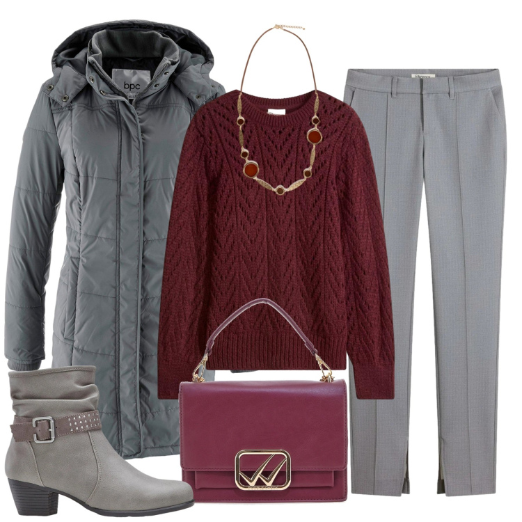 Outfit donna - Natale con i tuoi. Stile Chic per Tutti i giorni. Abbinamento con maglieria, stivaletti, giacche, pantaloni, borse a tracolla, collane.