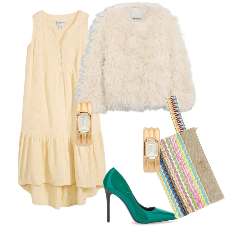 Outfit donna - Abito asimmetrico per l invitata. Stile Glamour per Cerimonia. Abbinamento con vestiti, ecopellicce, orecchini, décolleté, pochette.