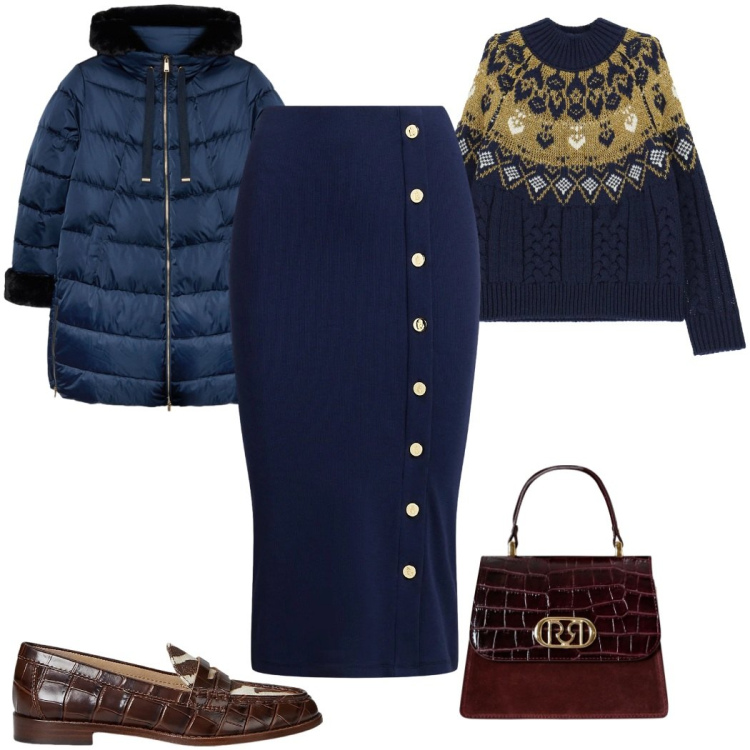 Outfit donna - Blu per le feste: pranzo di Natale. Stile Chic per Tutti i giorni. Abbinamento con borse a mano, maglieria, gonne, mocassini, piumini.