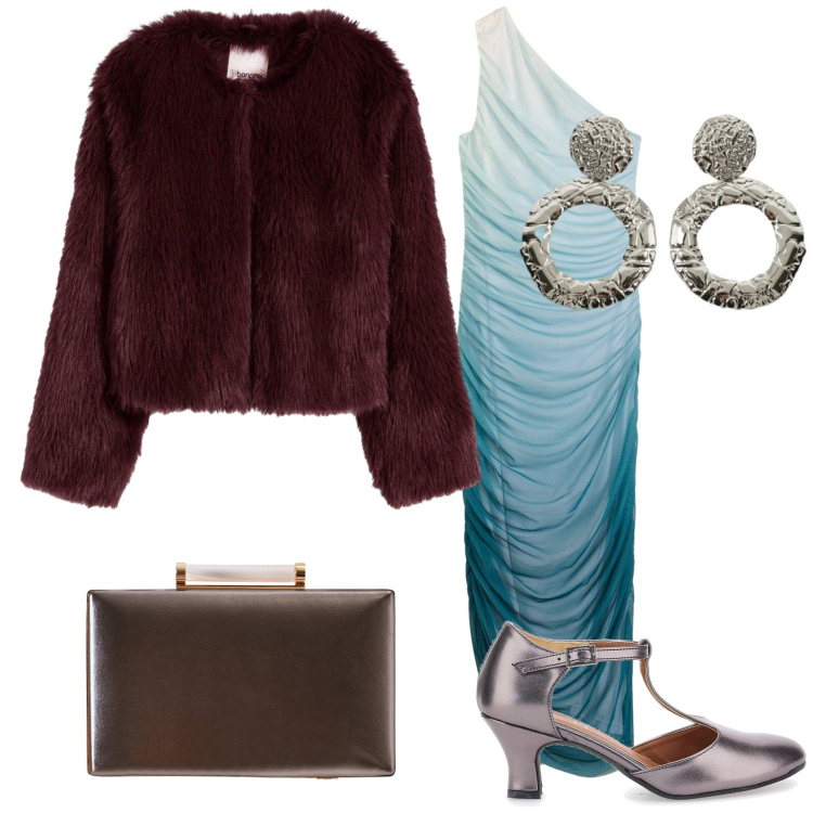 Outfit donna - Festa da ballo. Stile Chic per Serata fuori. Abbinamento con vestiti asimmetrici, ecopellicce, clutch, orecchini, décolleté.