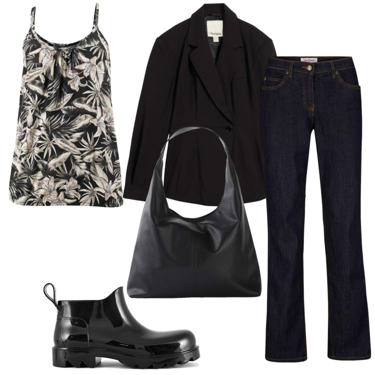 Outfit donna - Mannish ma col top. Stile Mannish per Ufficio. Abbinamento con jeans dritti, top, shopping bag, blazer, stivali.