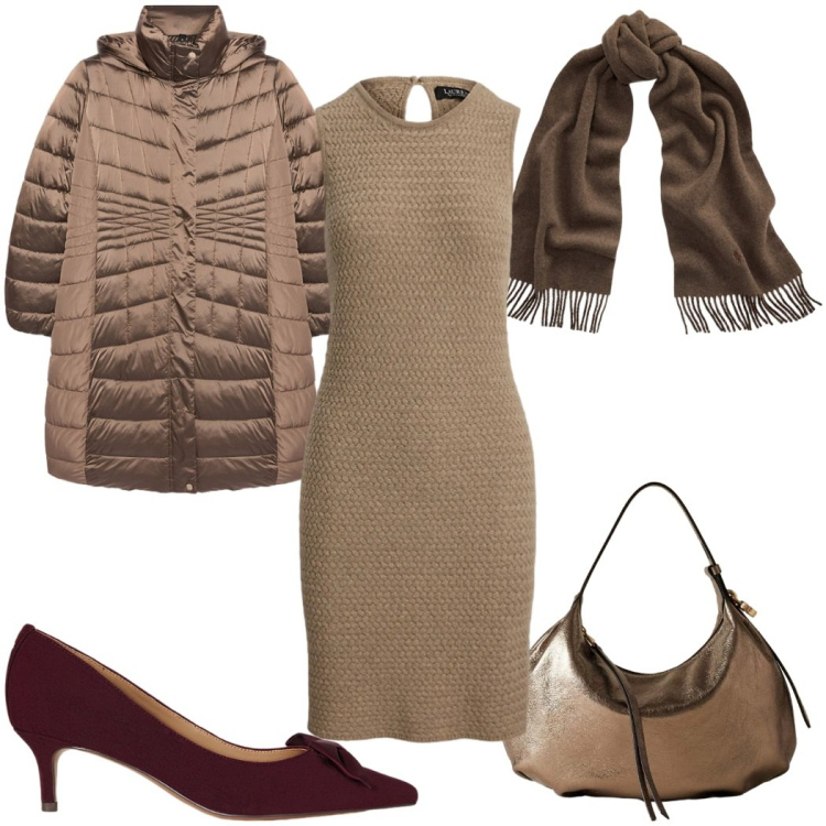 Outfit donna - Un mix di minimalismo elegante per feste. Stile Minimal per Tutti i giorni. Abbinamento con borse a spalla, sciarpe, vestiti senza maniche, décolleté, piumini.