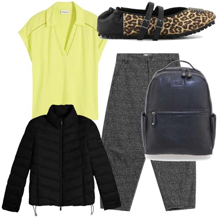 Outfit donna - La blusa allegra. Stile Basic per Tutti i giorni. Abbinamento con polo, pantaloni, piumini, ballerine, zaini.