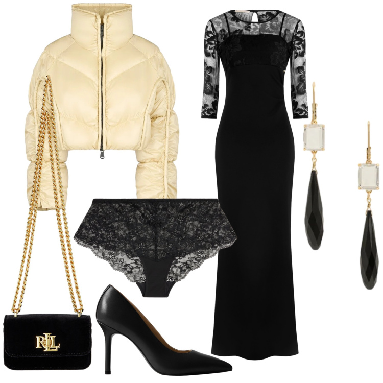 Outfit donna - Che serata. Stile Glamour per Serata fuori. Abbinamento con vestiti lunghi, culotte, pochette, décolleté, orecchini, piumini.