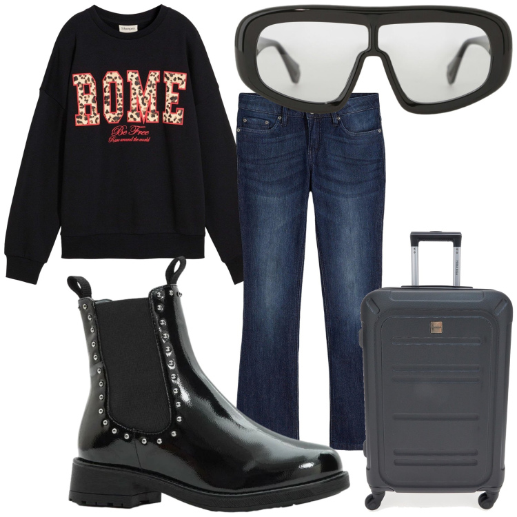 Outfit donna - Weekend a Roma. Stile Basic per Tutti i giorni. Abbinamento con jeans bootcut, felpe, stivaletti chelsea, occhiali da sole, valigie.