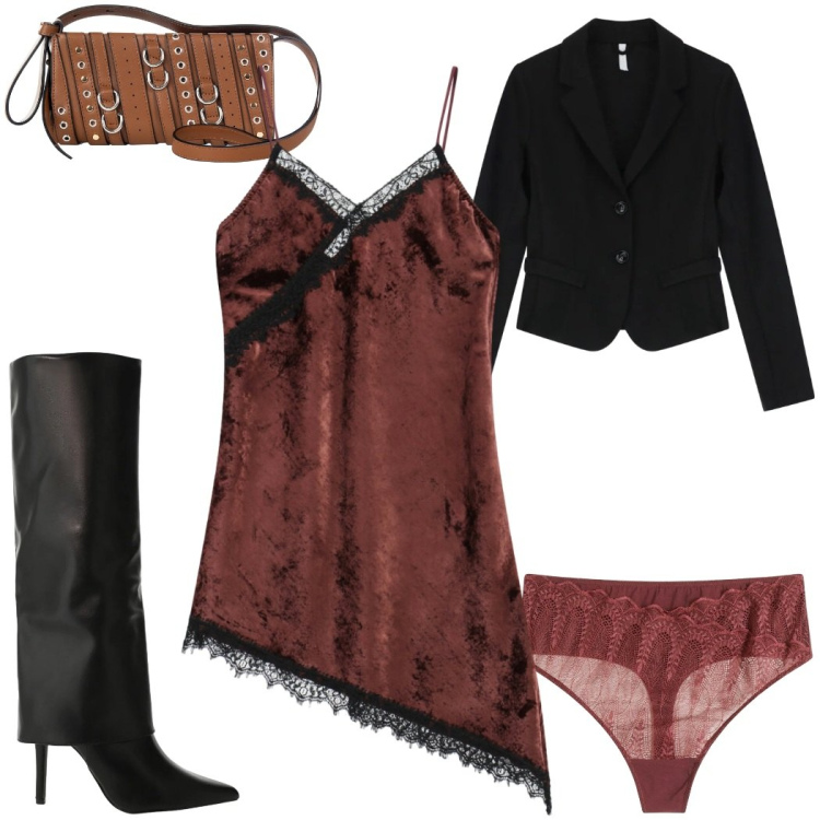 Outfit donna - Magiche Asimmetrie : sexy stasera. Stile Sexy per Serata fuori. Abbinamento con perizomi, borse a spalla, stivali, blazer, vestiti asimmetrici.