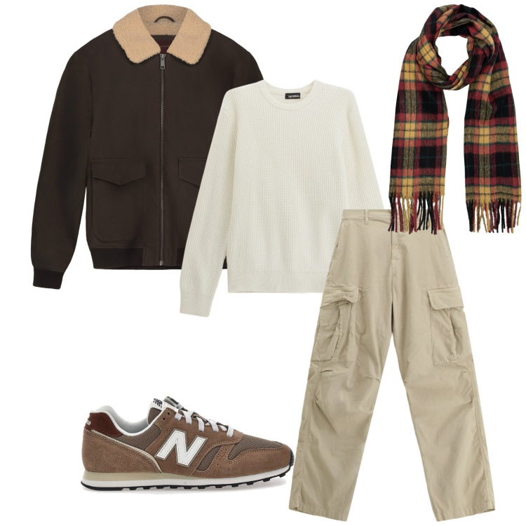 Outfit uomo - Total look #2301300. Stile Trendy per Tutti i giorni. Abbinamento con maglieria, pantaloni cargo, bomber, sciarpe, sneakers.