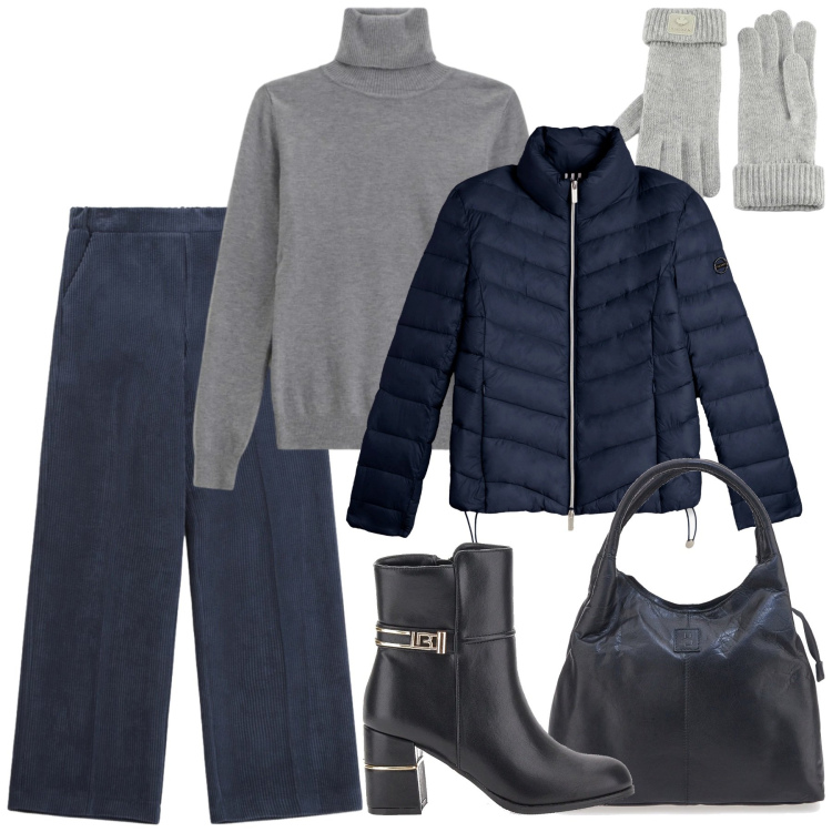 Outfit donna - Un mix di minimalismo elegante. Stile Minimal per Tutti i giorni. Abbinamento con maglieria, pantaloni a palazzo, piumini, guanti, stivaletti, borse a mano.