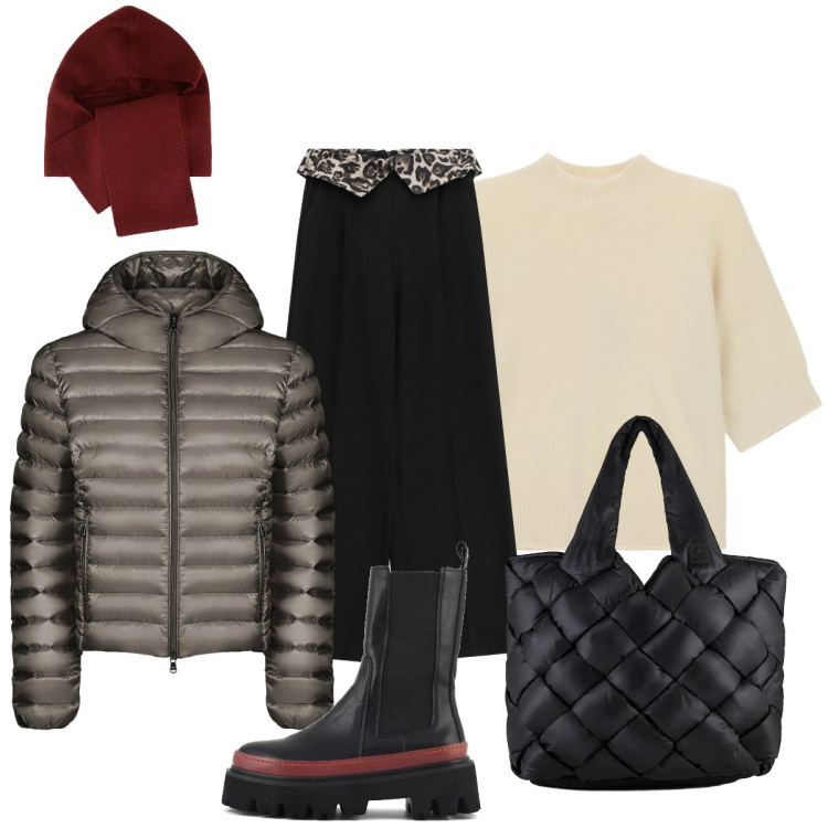 Outfit donna - Pratica ma chic in città. Stile Sporty chic per Tutti i giorni. Abbinamento con sciarpe, pantaloni a palazzo, maglieria, bomber, borse tote, stivaletti chelsea.