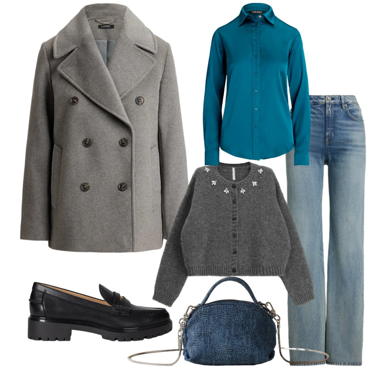 Outfit donna - Total look #2301317. Stile Urban per Ufficio. Abbinamento con cardigans, borse a mano, mocassini, cappotti, jeans, camicie.