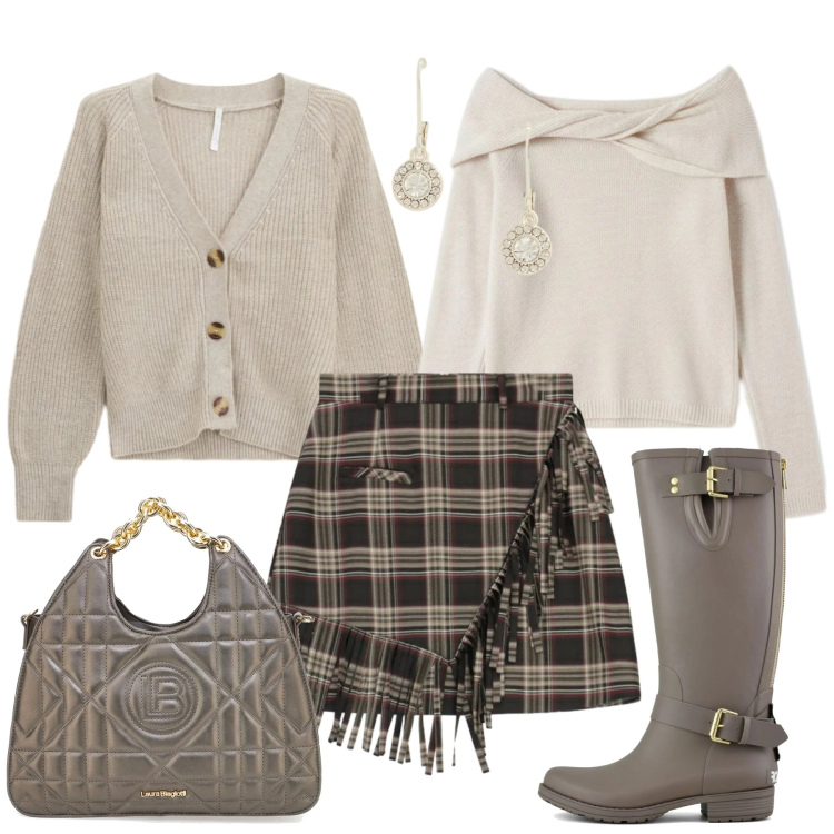 Outfit donna - Chic tartan. Stile Casual chic per Tutti i giorni. Abbinamento con maglieria, minigonne, cardigans, orecchini, stivali, borse a mano.