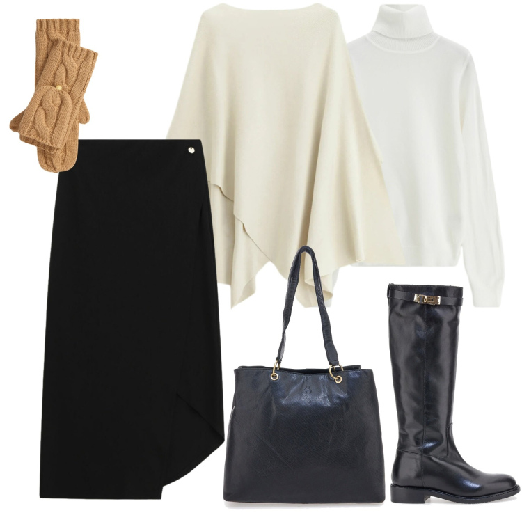 Outfit donna - Magiche Asimmetrie. Stile Casual chic per Tutti i giorni. Abbinamento con maglieria, maglieria, gonne lunghe, guanti, stivali, shopping bag.