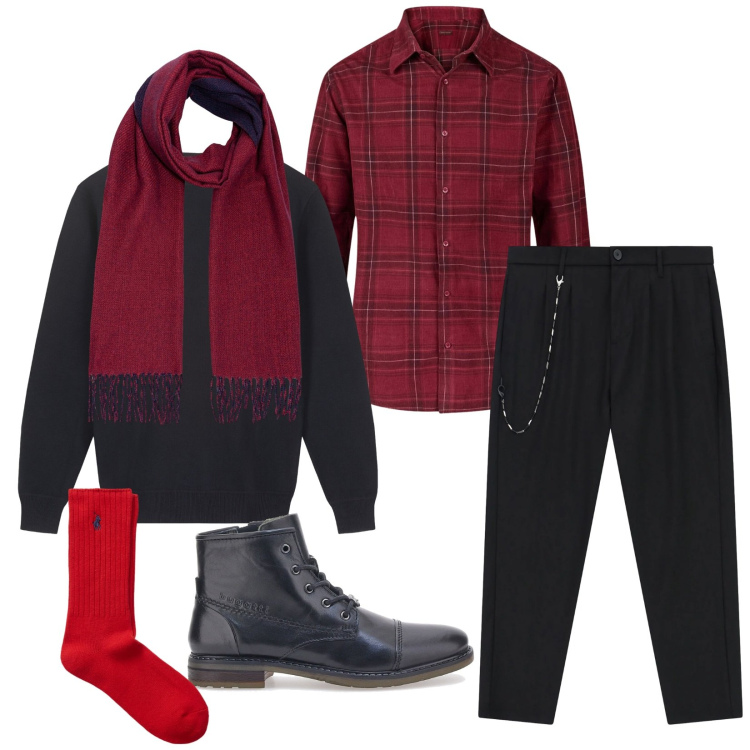 Outfit uomo - Total look #2301323. Stile Trendy per Serata speciale. Abbinamento con pantaloni, calzini, stivali e stivaletti, maglieria, sciarpe, camicie.