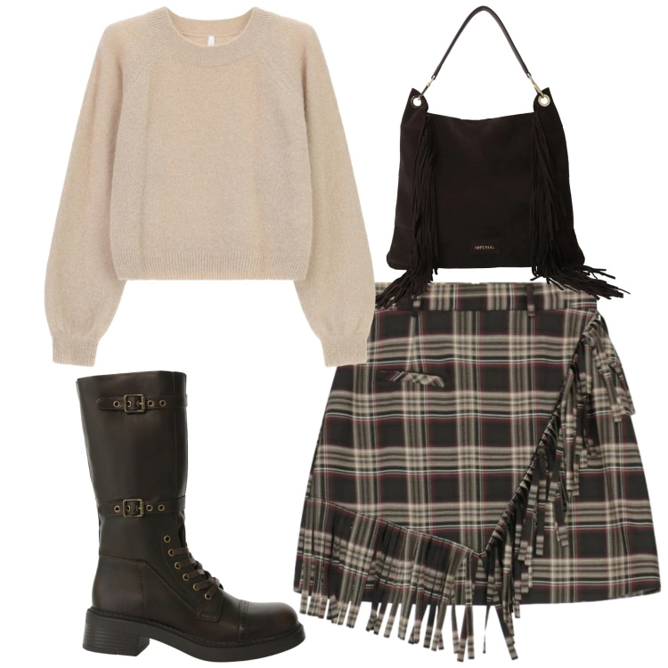 Outfit donna - City. Stile Casual chic per Tutti i giorni. Abbinamento con stivali, maglieria, borse a spalla, minigonne.