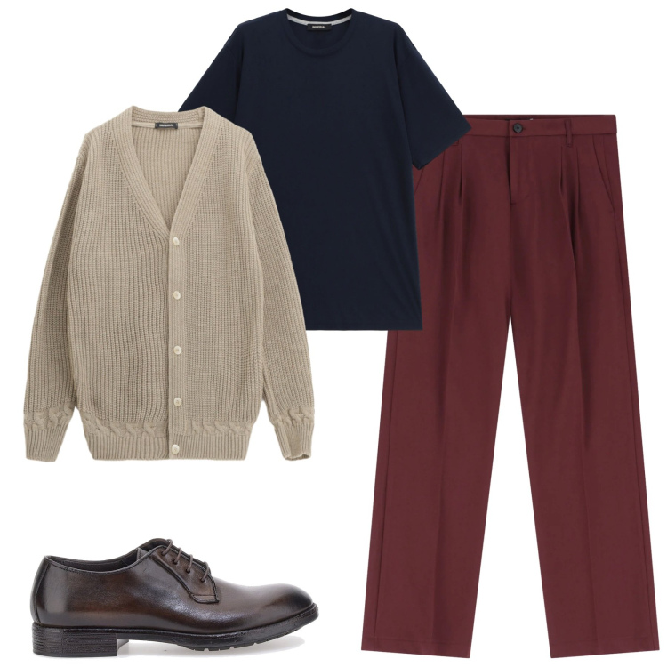 Outfit uomo - Dicembre. Stile Urban per Tutti i giorni. Abbinamento con pantaloni, cardigans, t-shirt, scarpe stringate.