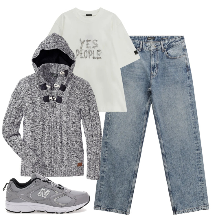 Outfit uomo - Dicembre casual. Stile Casual per Tutti i giorni. Abbinamento con maglieria, jeans dritti, t-shirt, sneakers.