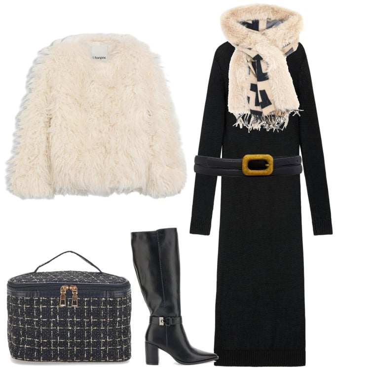 Outfit donna - Total look #2301338. Stile Chic per Serata fuori. Abbinamento con ecopellicce, vestiti lunghi, stivali, cappe, cinture, valigie.