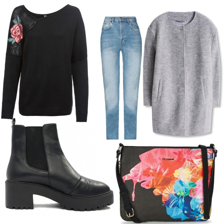 Outfit donna - Trendy #2604. Stile Trendy per Tutti i giorni. Abbinamento con costumi interi, jeans delavé vita alta con zip tinta unita, borsa a tracolla nero, giubbotto grigio, completo chelsea petite in denim.