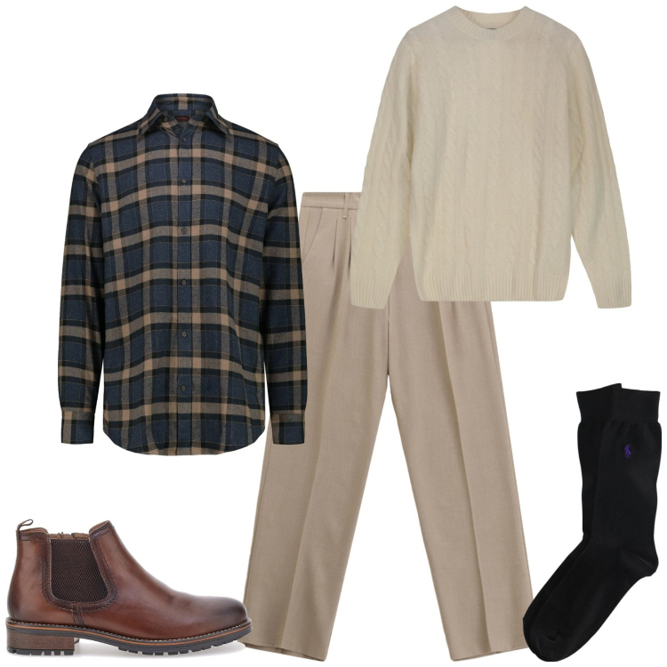 Outfit uomo - Total look #2301348. Stile Urban per Ufficio. Abbinamento con pantaloni, calzini, scarpe stringate, camicie, maglieria.