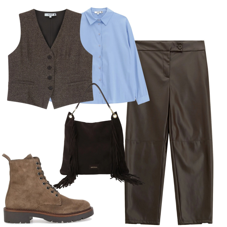 Outfit donna - Dicembre. Stile Trendy per Tutti i giorni. Abbinamento con gilet, camicie, pantaloni, borse a spalla, anfibi.