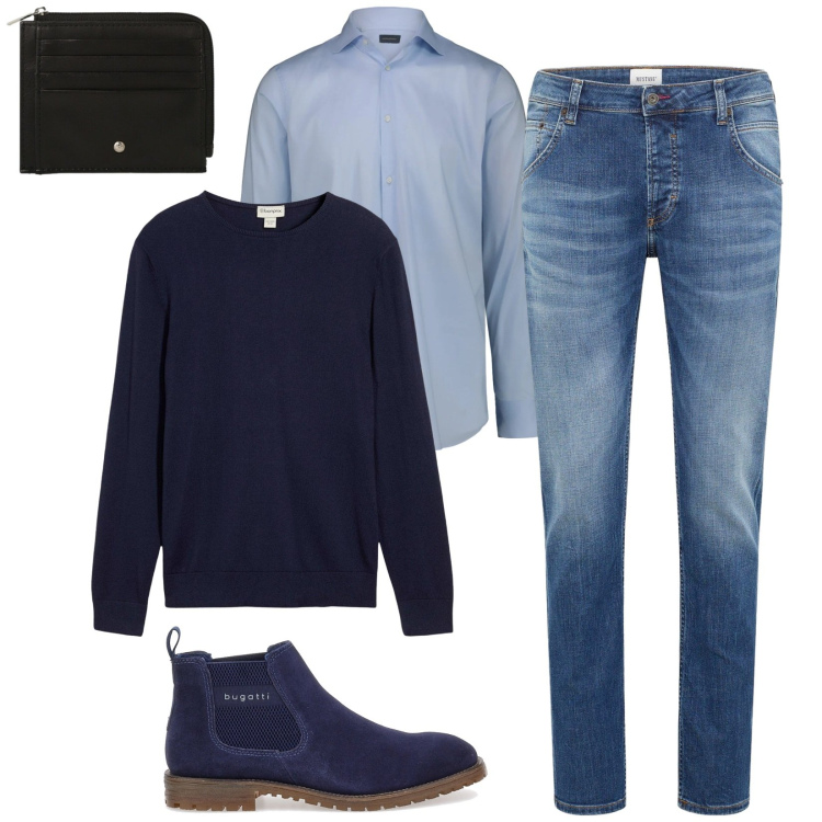 Outfit uomo - Total look #2301356. Stile Business/Elegante per Ufficio. Abbinamento con jeans dritti, maglieria, portafogli, stivali e stivaletti, camicie.