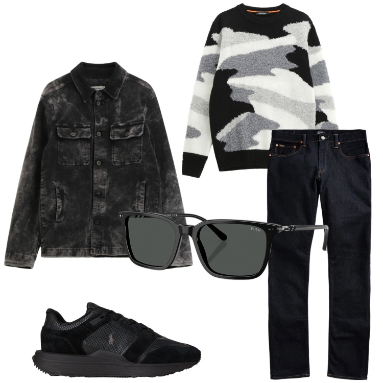 Outfit uomo - Total look #2301359. Stile Trendy per Tutti i giorni. Abbinamento con maglieria, cappotti, jeans, occhiali da sole, sneakers.