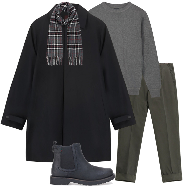 Outfit uomo - Cappotto protagonista. Stile Urban per Tutti i giorni. Abbinamento con pantaloni chino, abiti, stivali e stivaletti, maglieria, sciarpe.