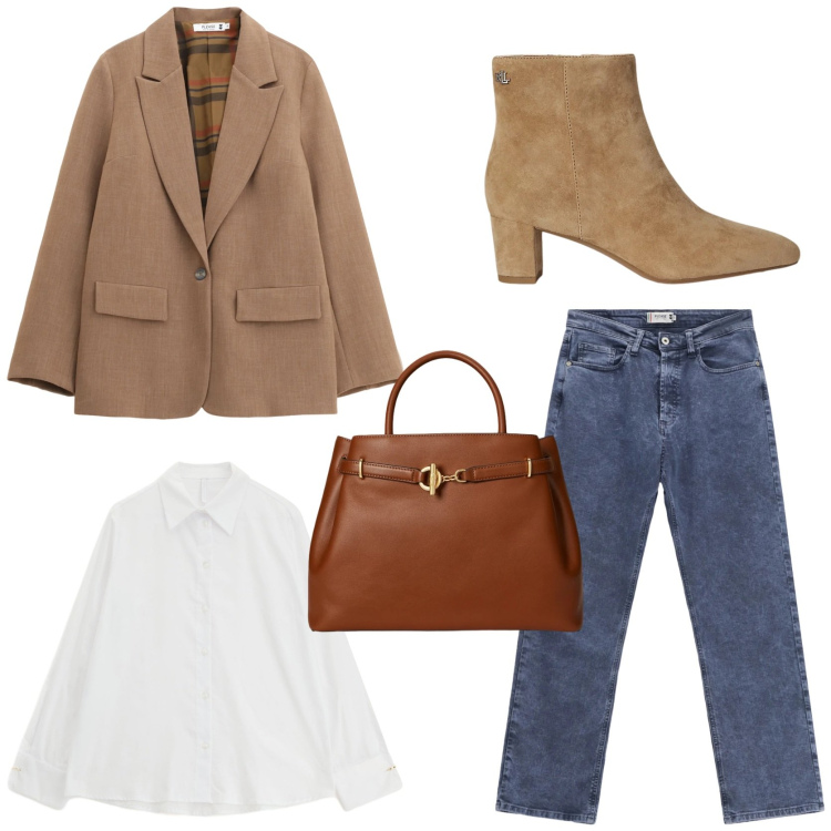Outfit donna - Camel blazer. Stile Trendy per Tutti i giorni. Abbinamento con jeans dritti, blazer, camicie, stivaletti, borse a mano.