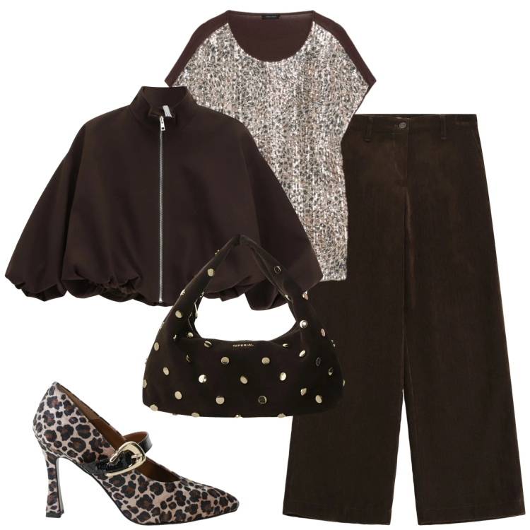 Outfit donna - Serata. Stile Trendy per Serata fuori. Abbinamento con pantaloni, bomber, décolleté, borse a spalla, bluse.