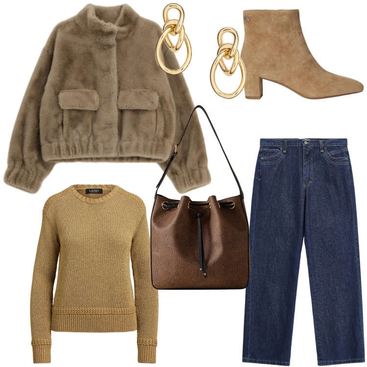 Outfit donna - december style. Stile Casual chic per Tutti i giorni. Abbinamento con jeans dritti, blazer, borse a secchiello, stivaletti, maglieria, orecchini.