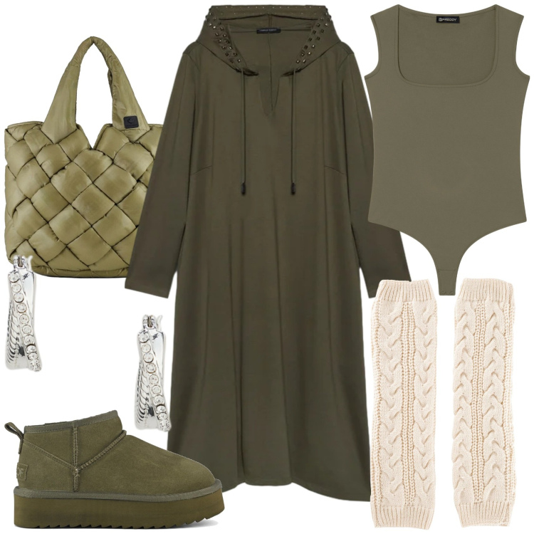 Outfit donna - Abito comodo e caldo. Stile Casual per Tutti i giorni. Abbinamento con calzini, body, orecchini, borse tote, stivaletti, vestiti lunghi.