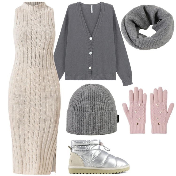 Outfit donna - Warm e Chic. Stile Casual chic per Tutti i giorni. Abbinamento con vestiti midi/longuette, guanti, cardigans, berretti, scaldacollo, stivali.