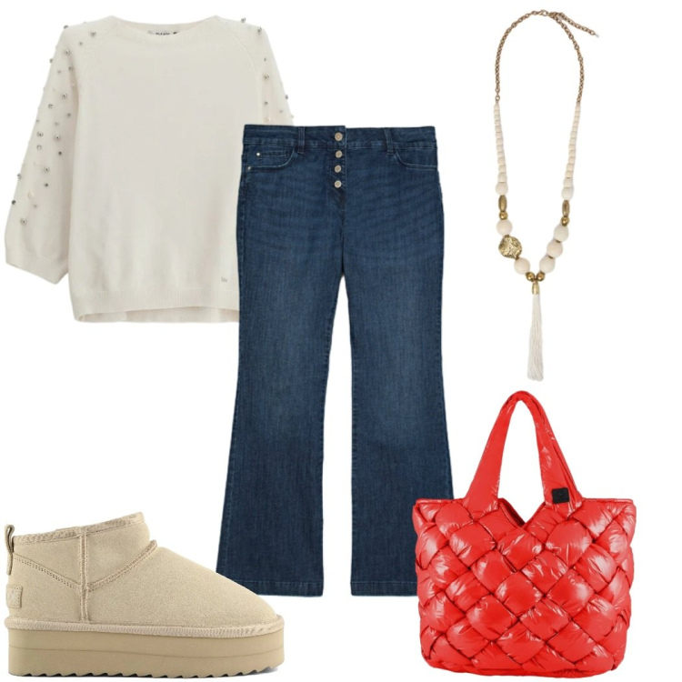 Outfit donna - Maglione morbido, cuore caldo a Natale. Stile 70s per Tutti i giorni. Abbinamento con maglieria, borse tote, jeans, ciondoli, stivaletti.