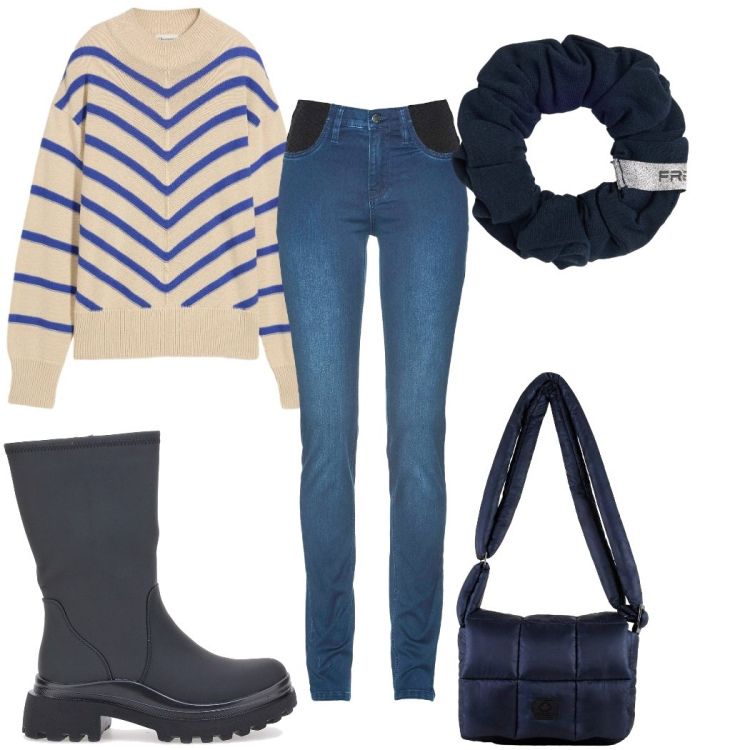 Outfit donna - Maglione morbido, cuore caldo : in blu. Stile Casual per Tutti i giorni. Abbinamento con jeans skinny, maglieria, accessori per capelli, borse a spalla, stivaletti.
