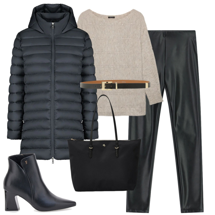 Outfit donna - City. Stile Casual chic per Tutti i giorni. Abbinamento con pantaloni skinny, cinture, borse tote, piumini, stivaletti, maglieria.