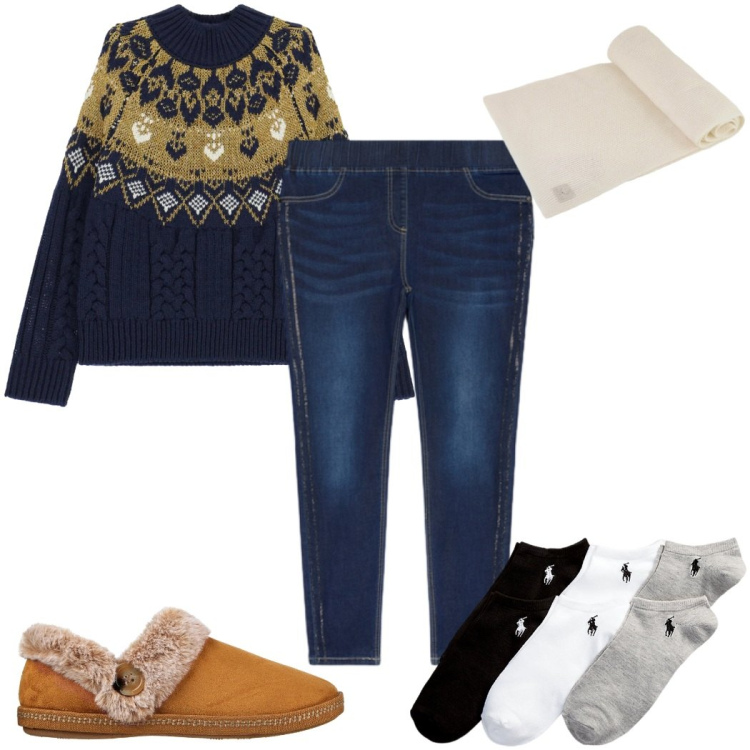 Outfit donna - Maglione morbido, cuore caldo: a casa. Stile Basic per Tutti i giorni. Abbinamento con maglieria, calzini, sciarpe, pantofole, jeggings.